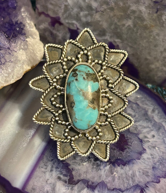 Sterling Silver & Large Natural Turquoise Ring • Size 9