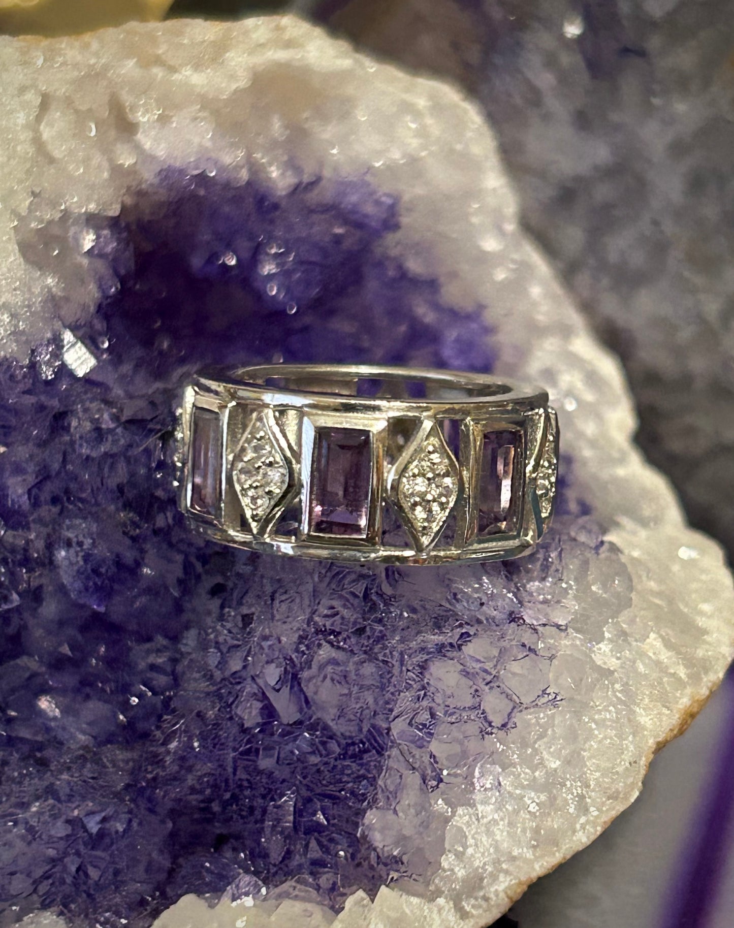 Sterling Silver “Feel Beautiful” Amethyst Cz & Clear Cz Eternity Band Ring Sz 6