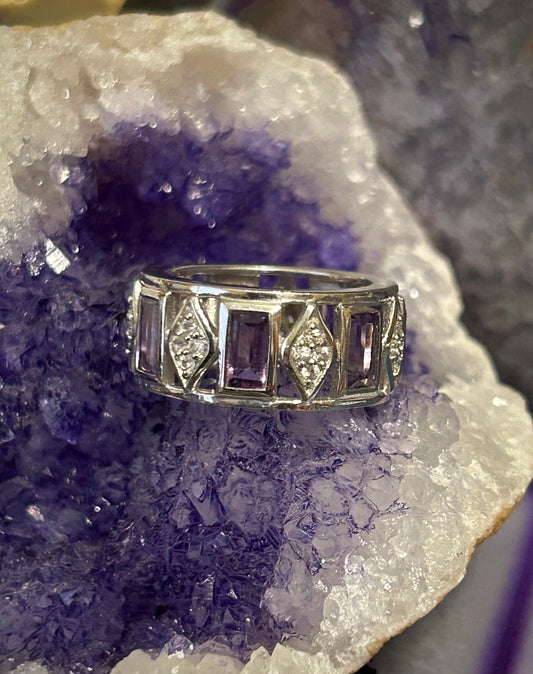 Sterling Silver “Feel Beautiful” Amethyst Cz & Clear Cz Eternity Band Ring Sz 6