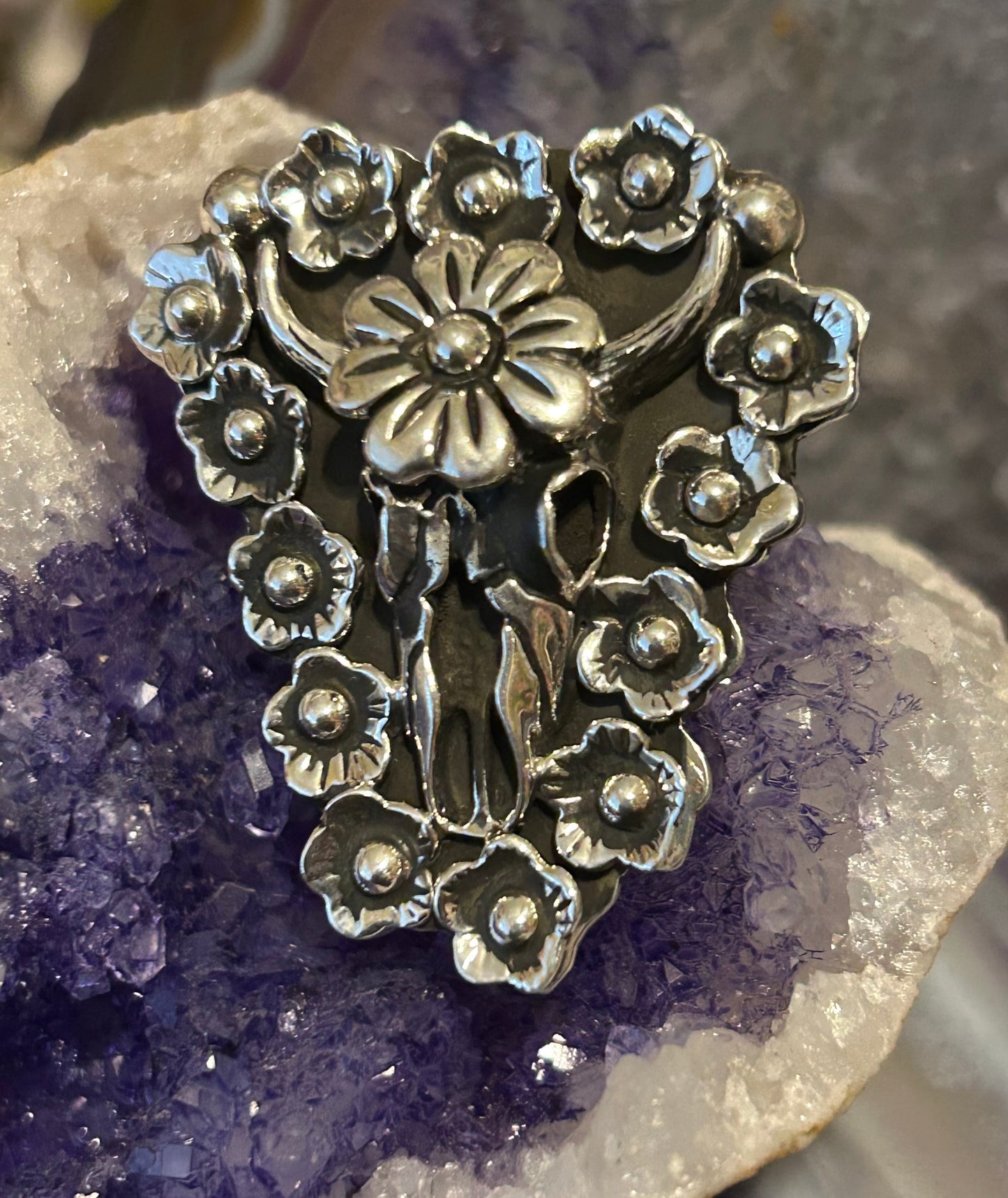 Sterling Silver Taxco Mexico Bull Longhorn Skull Flower Ring Size 7-8.5