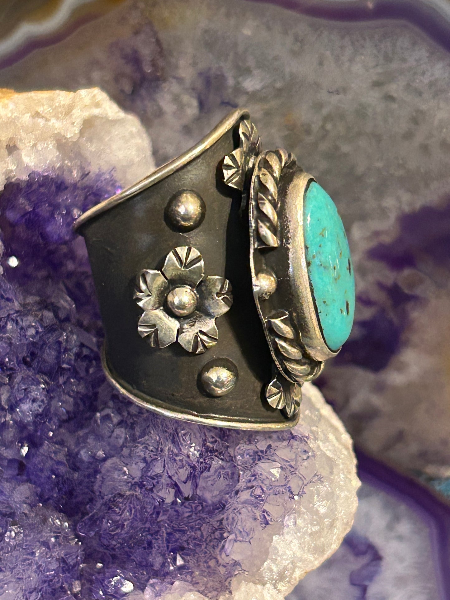 Sterling Silver Taxco Mexico Turquoise & Flowers Wide Band Statement Ring Sz 7.5
