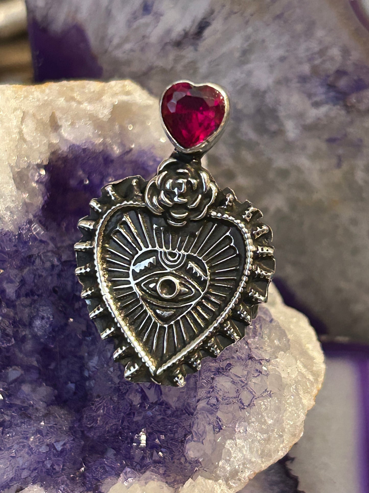 Sterling Silver Taxco Mexico Sacred Heart & Eye Of Protection Adjustable Ring