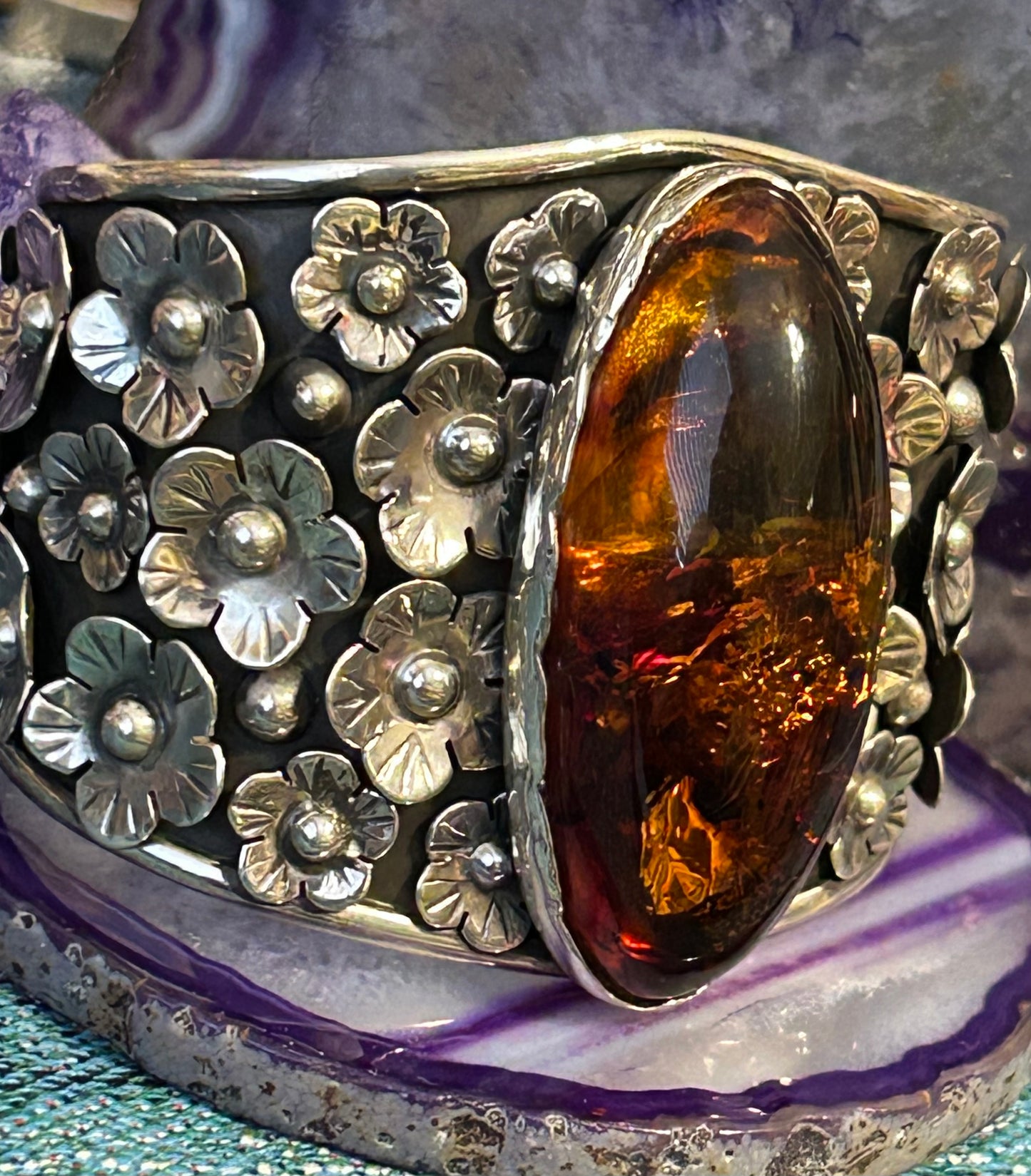 Sterling Silver Modern Taxco Mexico Statement Flowers & Baltic Amber Cuff Bracelet