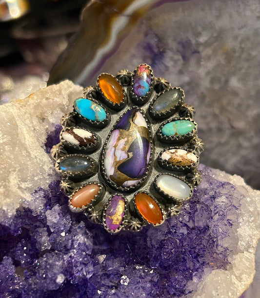 Sterling Silver Violet Dahlia Multi-stone Large Adjustable Ring