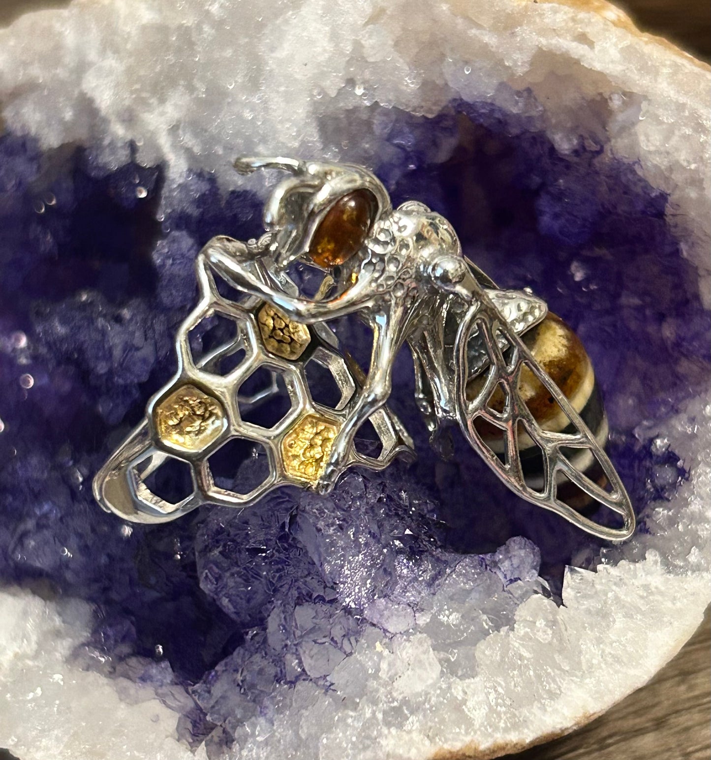 Sterling Silver & Genuine Amber Large Bee Adjustable Ring