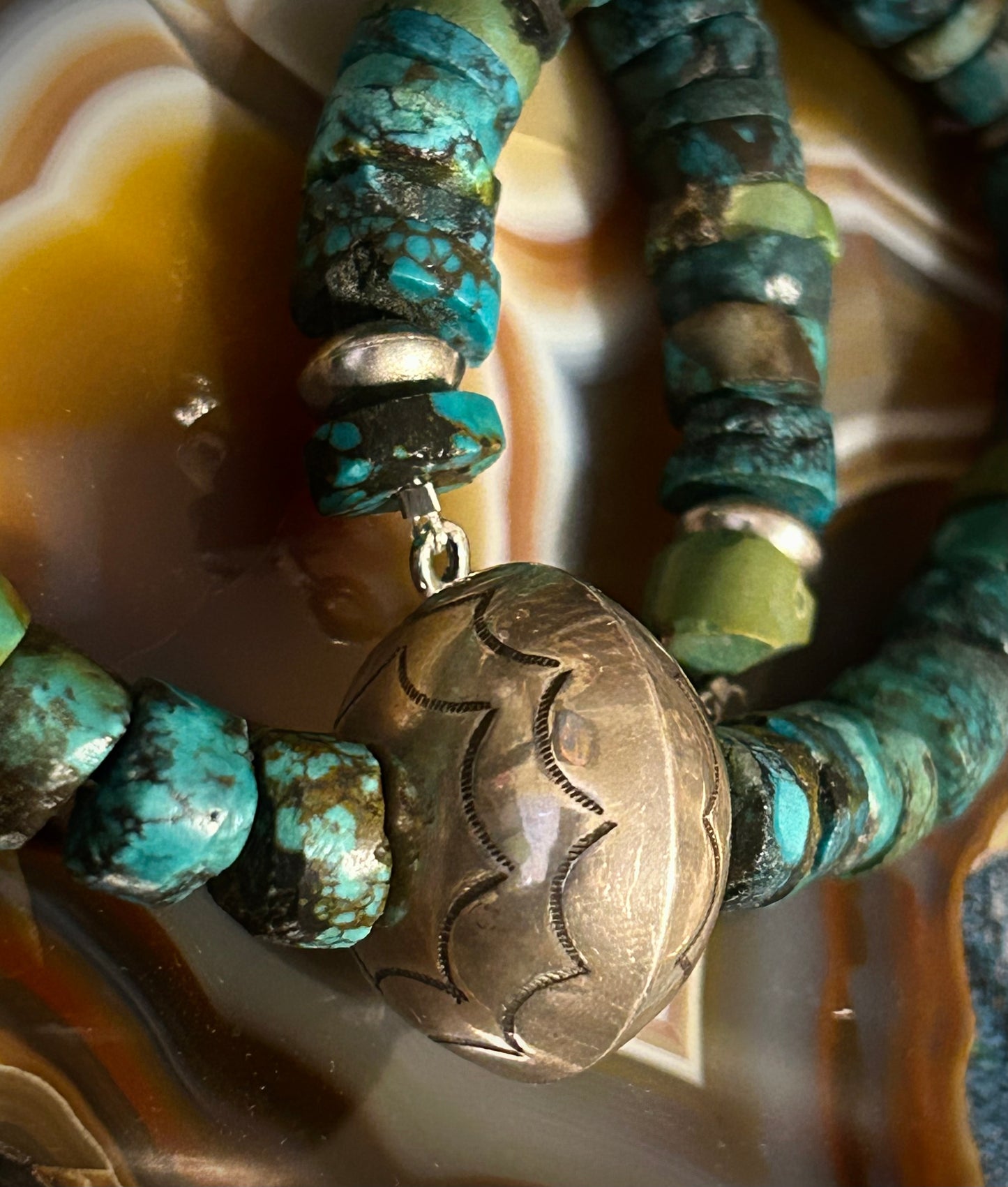 Sterling Silver Native Made Big Bench Bead Pearl With Turquoise Necklace