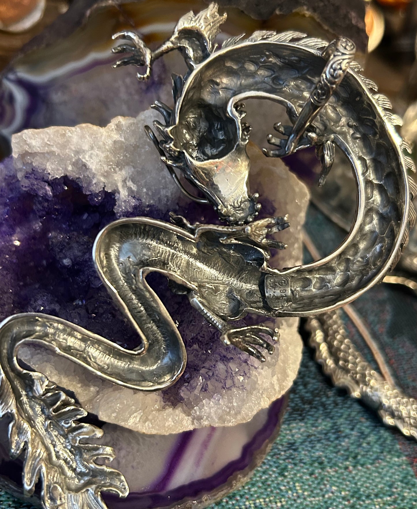 Sterling Silver Designer SOMS Huge Statement Dragon Pendant w/ Onyx Eyes