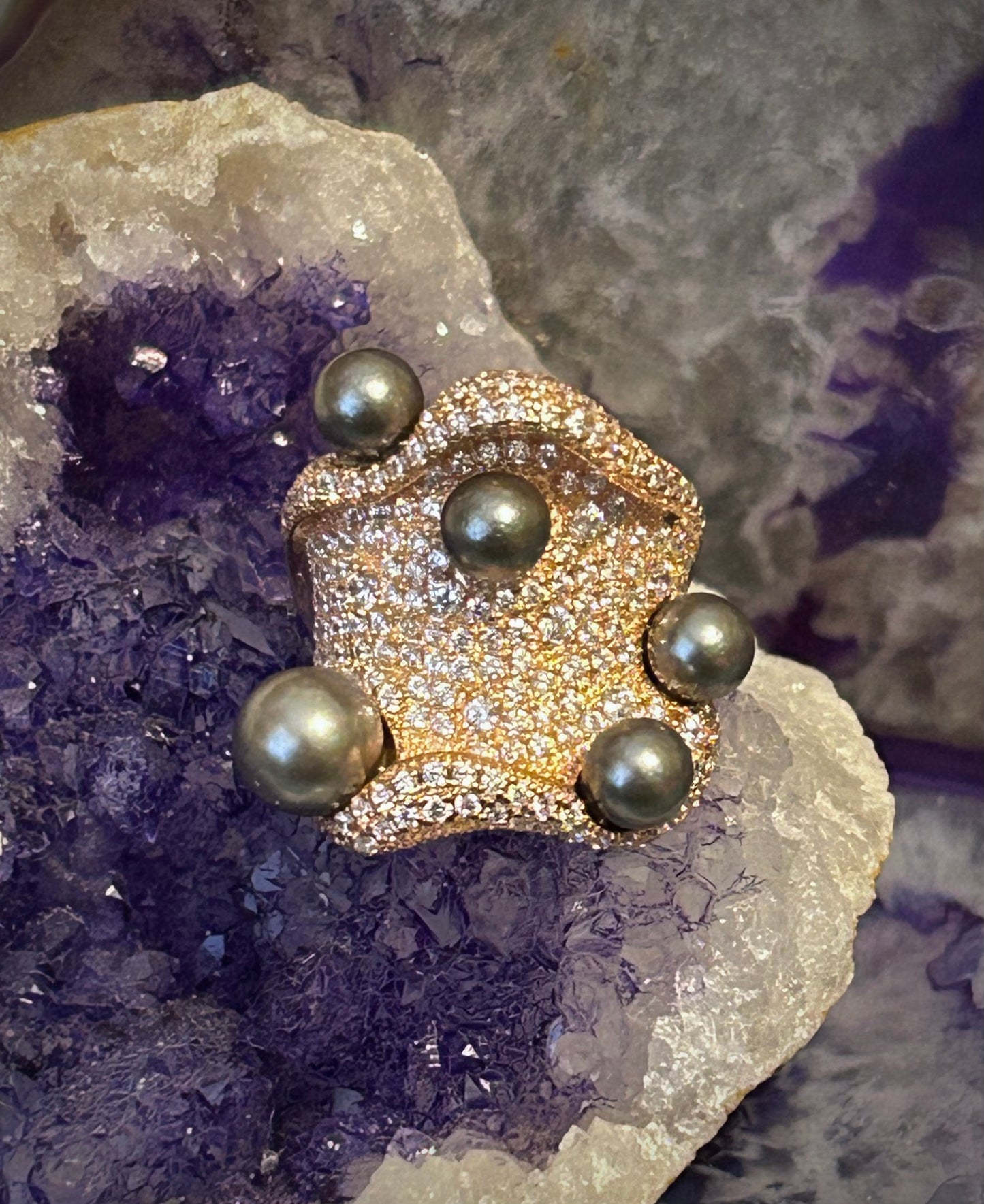 Rose Gold Over Sterling Silver Abstract Ring w/ Tahitian Pearls & Cz Ring Size 7