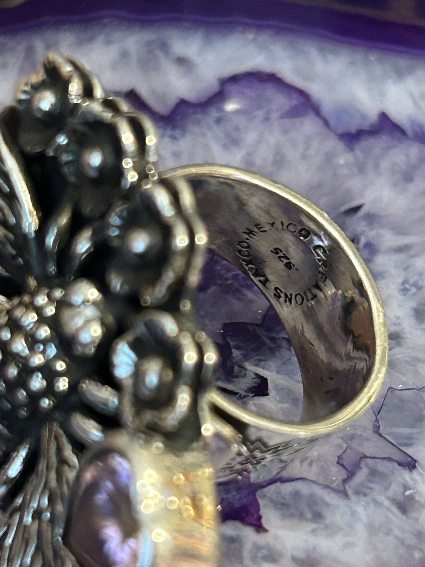 Sterling Silver Taxco Mexico Flower & Bee w/ Pink Zircon Heart Statement Ring