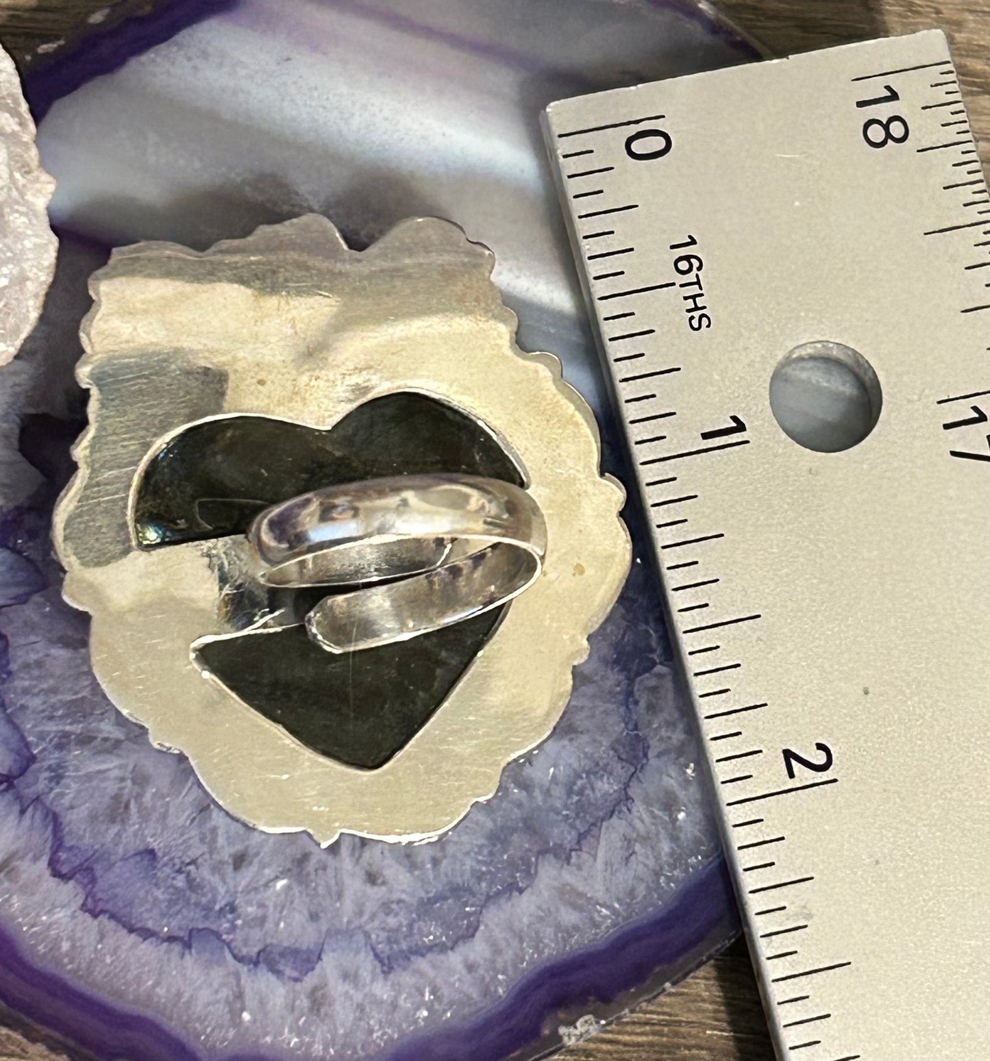 Sterling Silver Taxco Large Labradorite Stone Heart Ring Adjustable