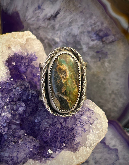 GUZ LOVE NO.103 • Sterling Silver & Blackjack Turquoise Wide Banded Ring • Size 7