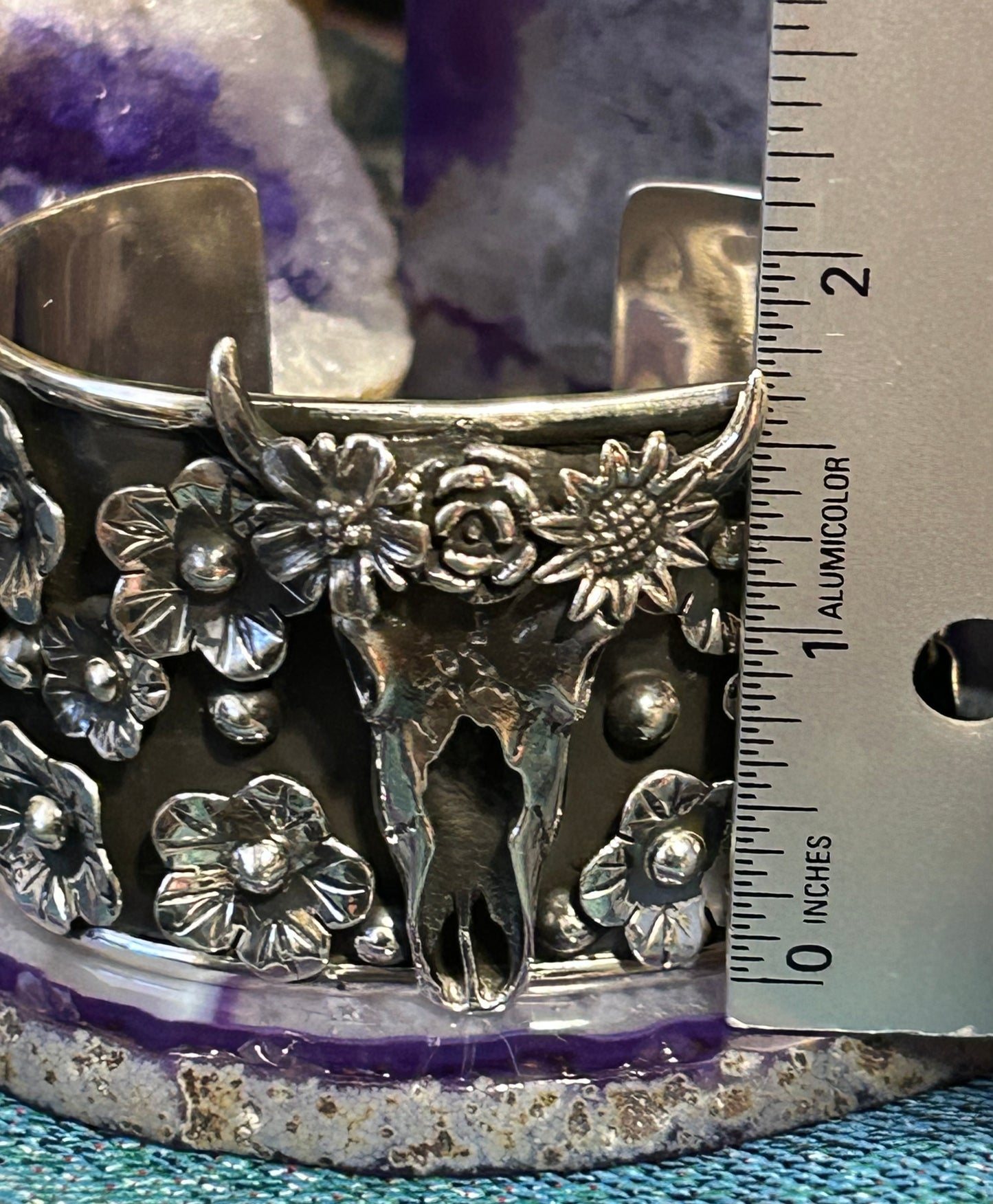 Taxco Mexico Sterling Silver Flower & Bull Skull Statement Cuff Bracelet