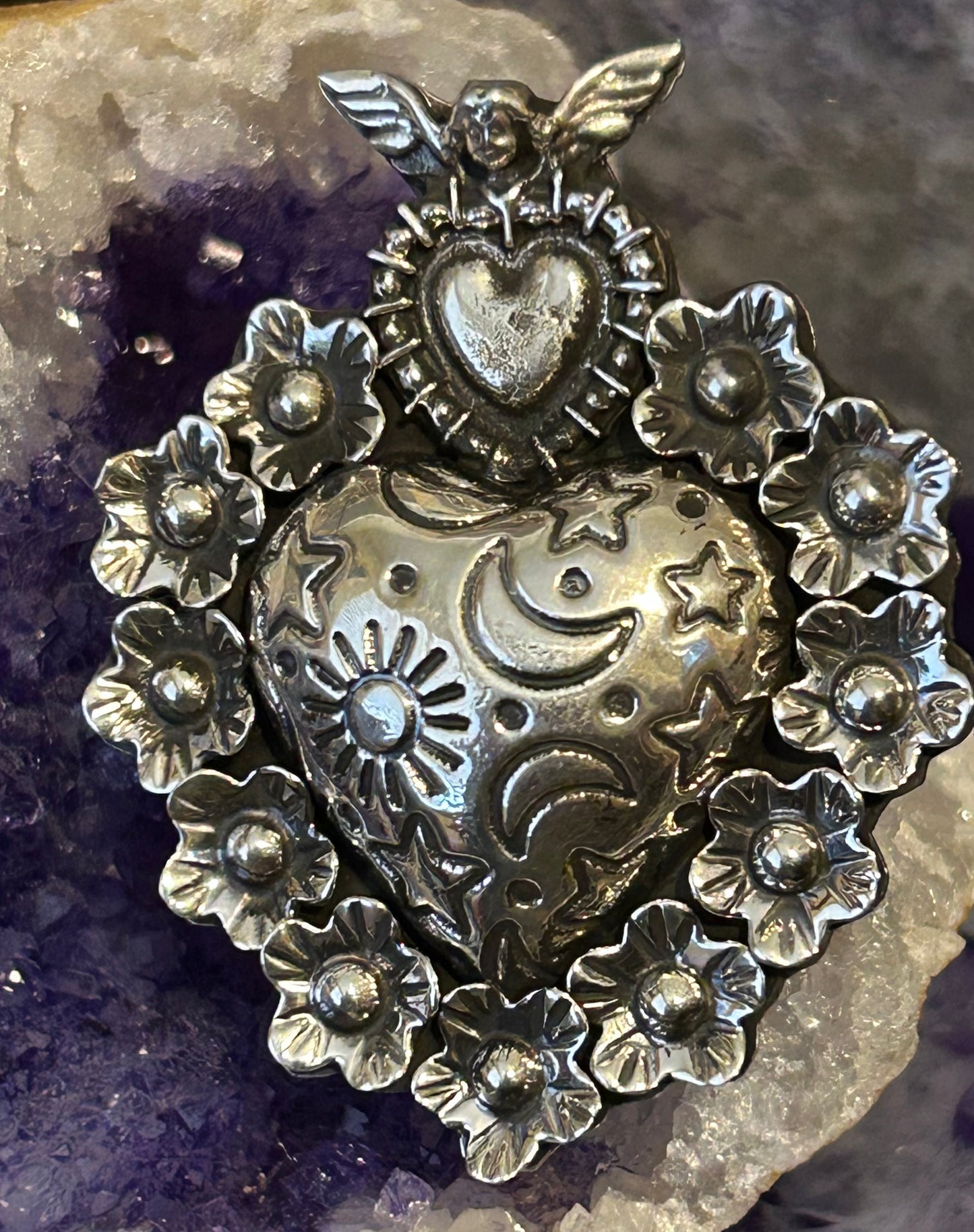 Sterling Silver Taxco Mexico Large Statement Heart & Celestial Vibes Ring
