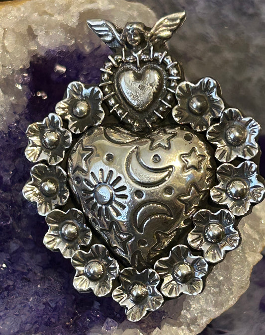 Sterling Silver Taxco Mexico Large Statement Heart & Celestial Vibes Ring