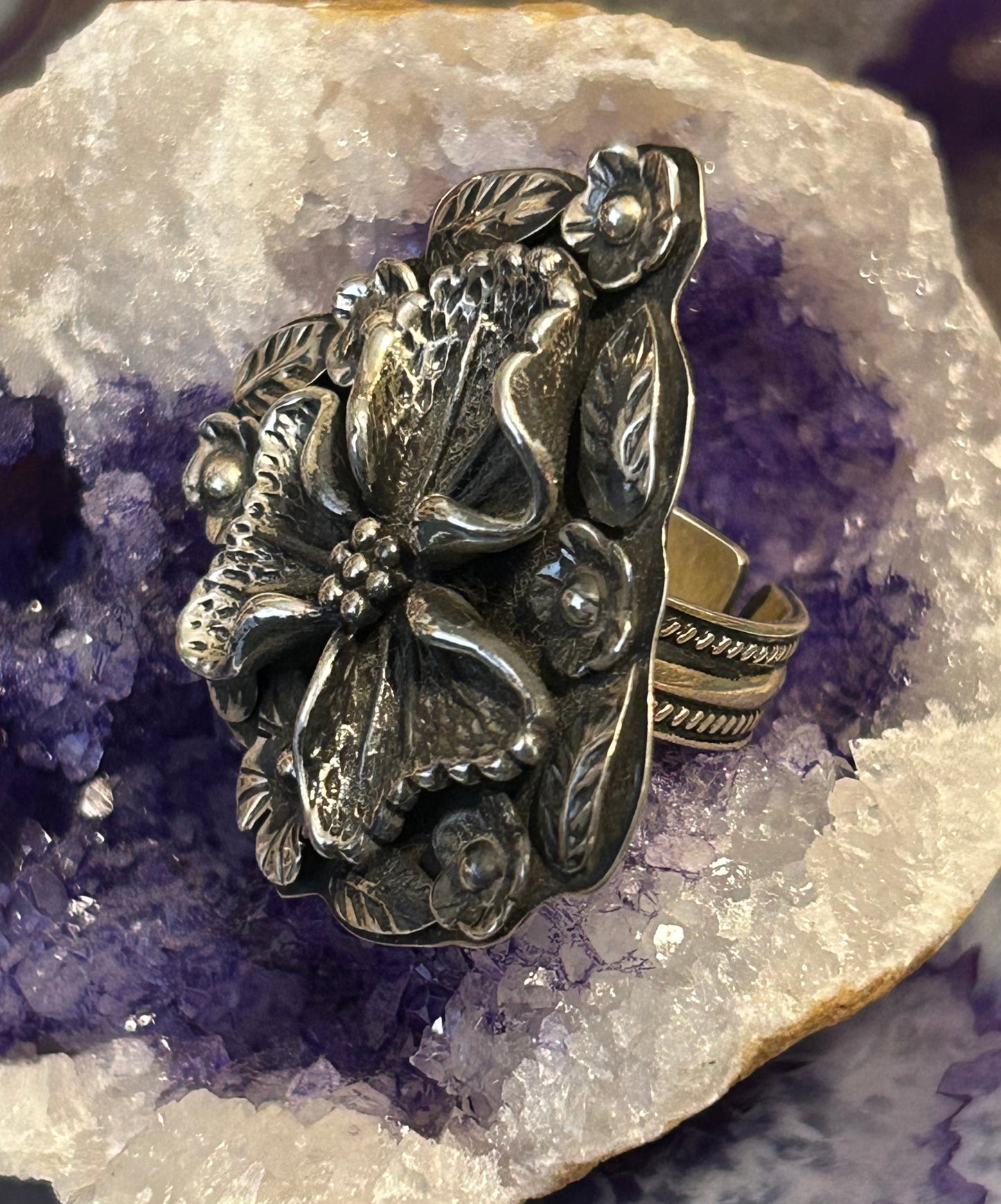 Sterling Silver Taxco Mexico Dogwood Blossom-like Flower Large Ring Size 7.5-9