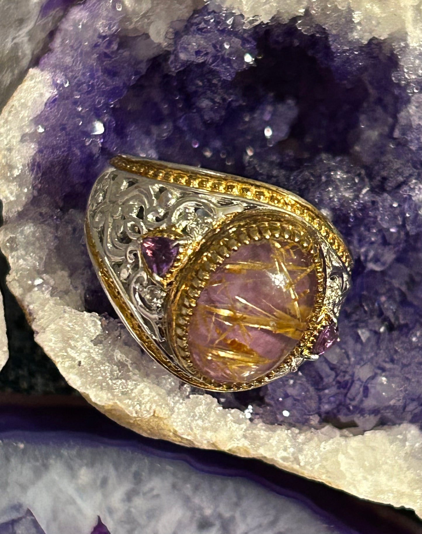 Sterling Silver NH Designer Purple Golden Rutilated Quartz & Amethyst Ring Size 11