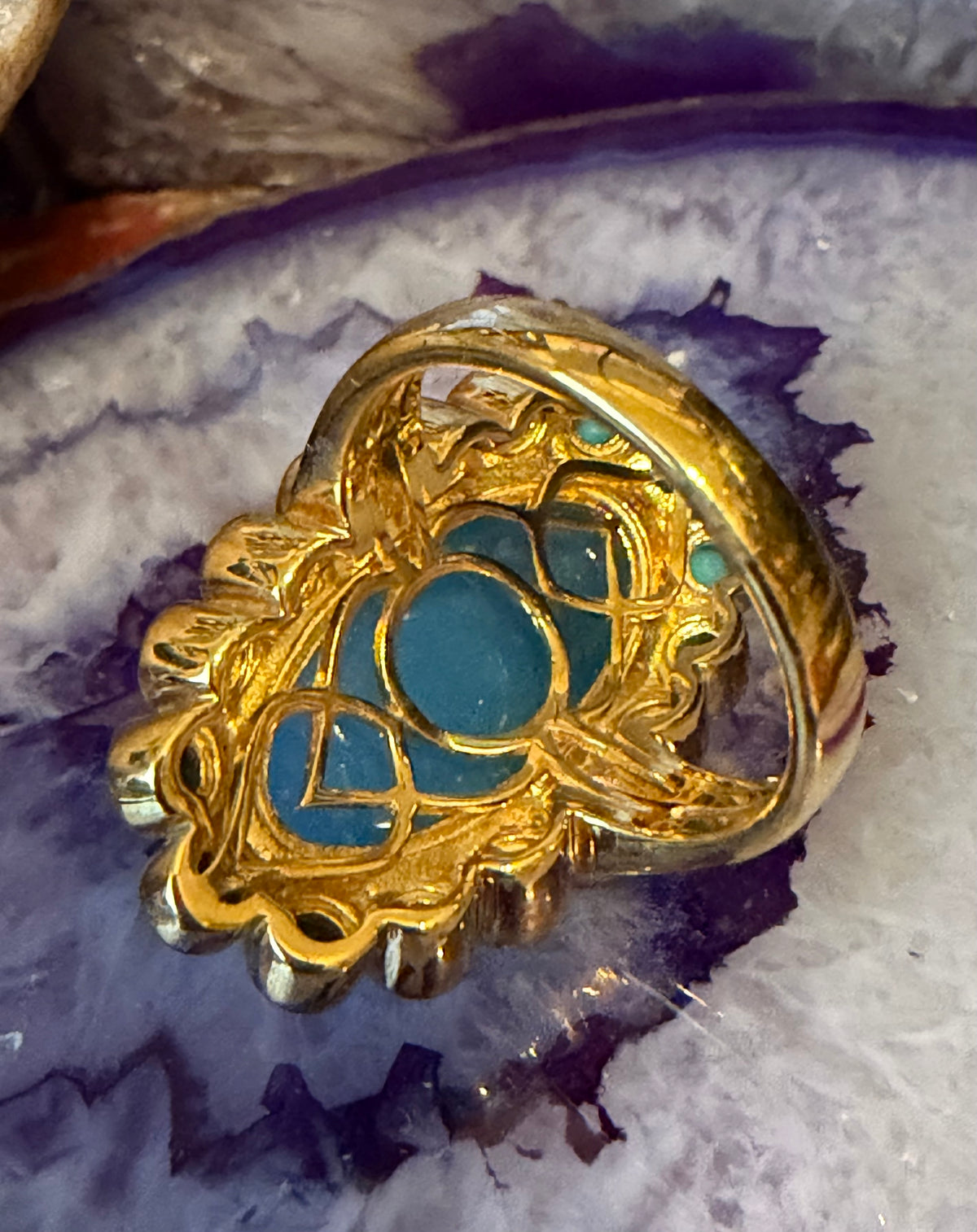 Gold Over Sterling Silver Blue Calcedony & Sonora turquoise Ring Size 7.5
