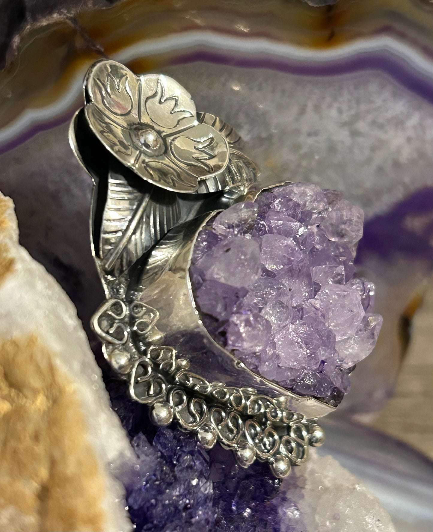 950 Silver Taxco Mexico Large Huge Amethyst Stone Heart Ring Adjustable