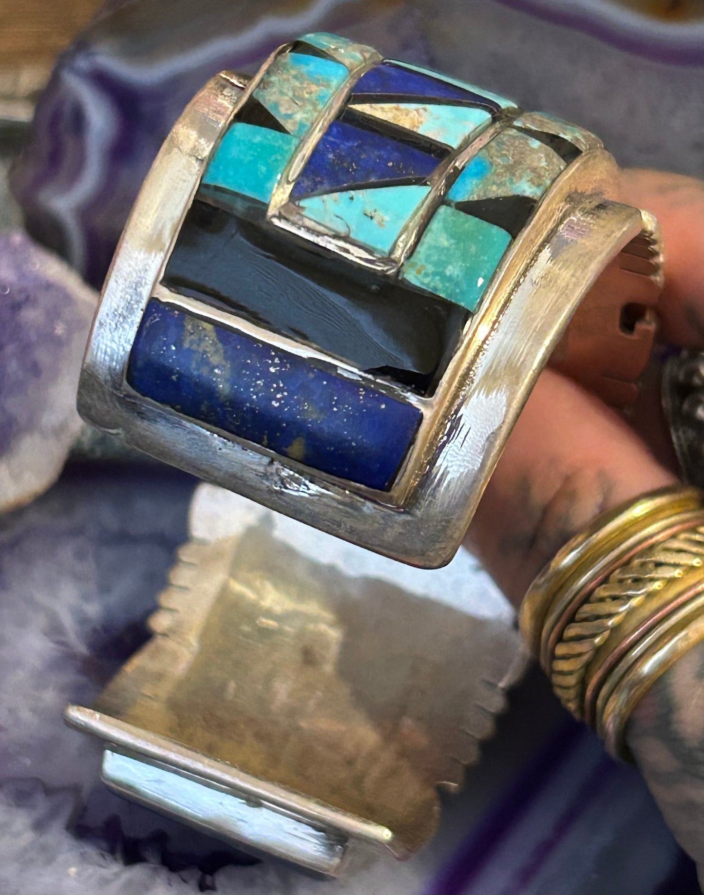Sterling Silver Huge Multi-stone Inlay Statement Cuff Bracelet