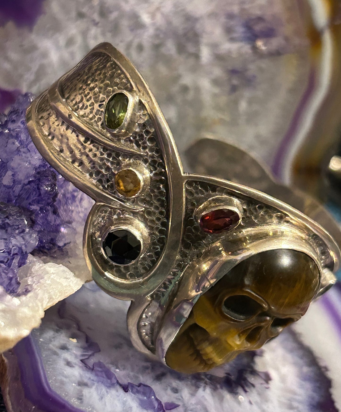 Sterling Silver, Tiger Eye, Multi-Stone Skull Cuff Bracelet