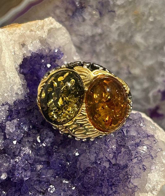 Sterling Silver Baltic Amber Two Stone w/ Gold Over • Size 9