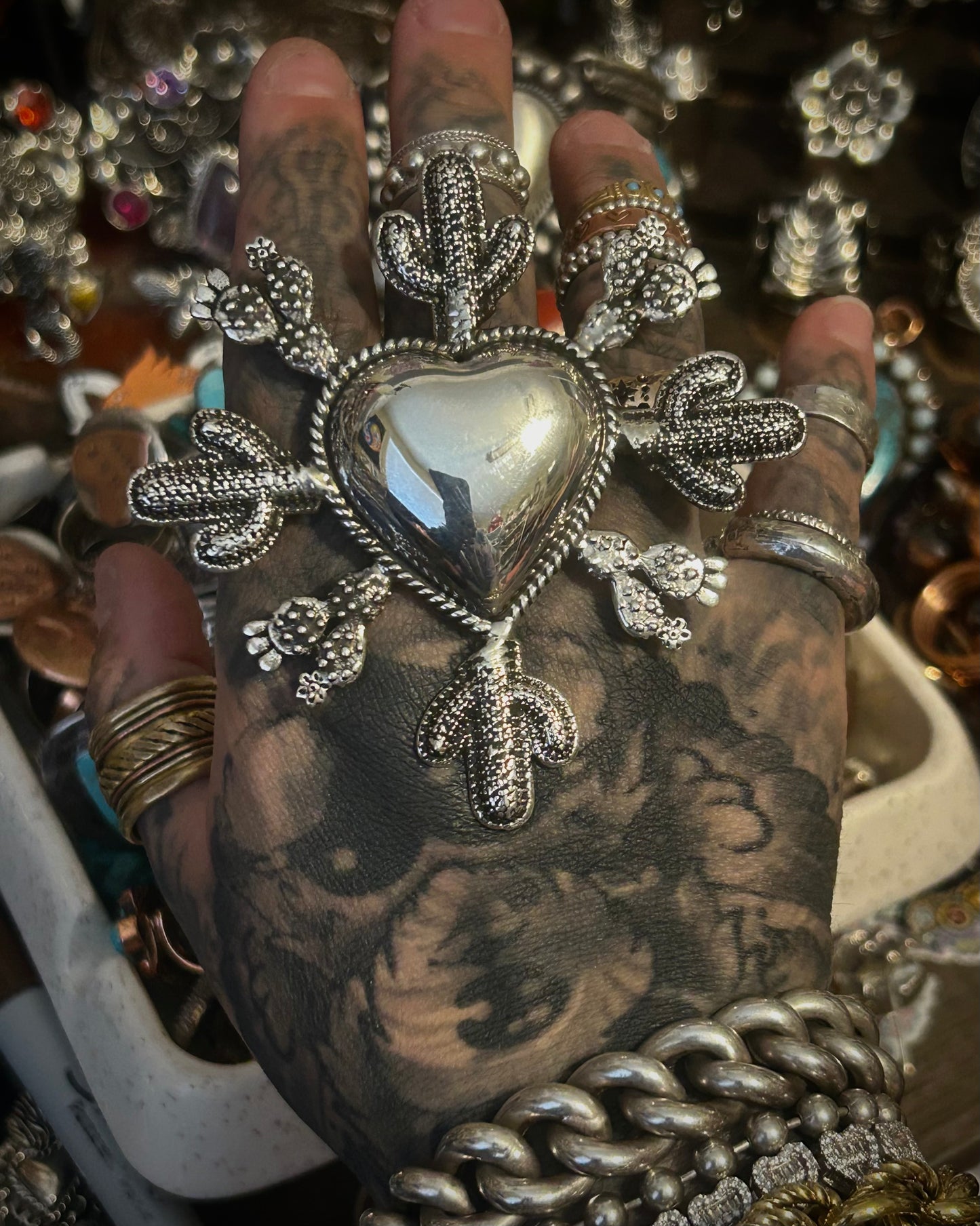 Sterling Silver Taxco Mexico Huge Statement Heart & Cactus Ring Adjustable