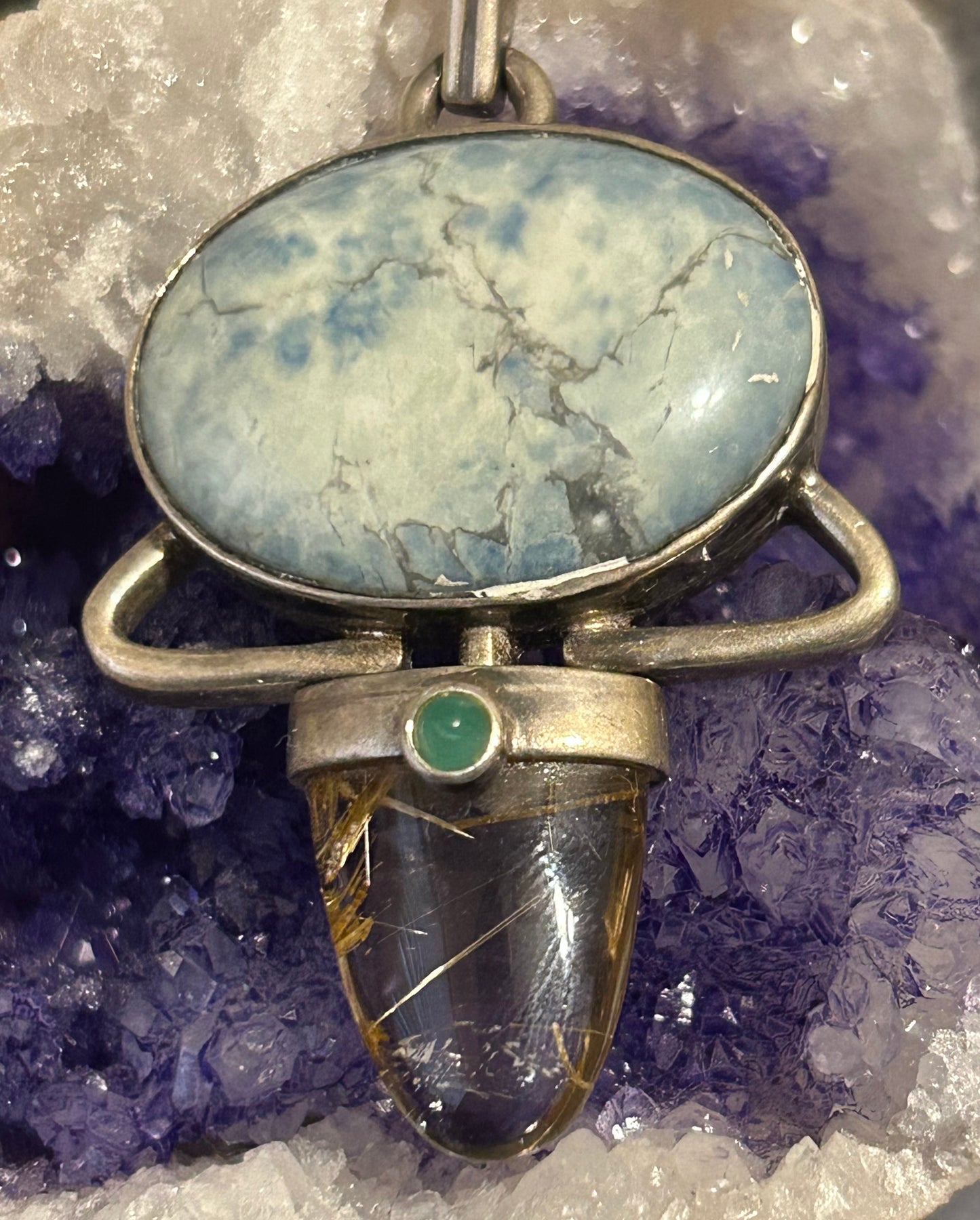Vintage Sterling Silver Larimar, Rutilated Quartz, & Jade Statement Pendant