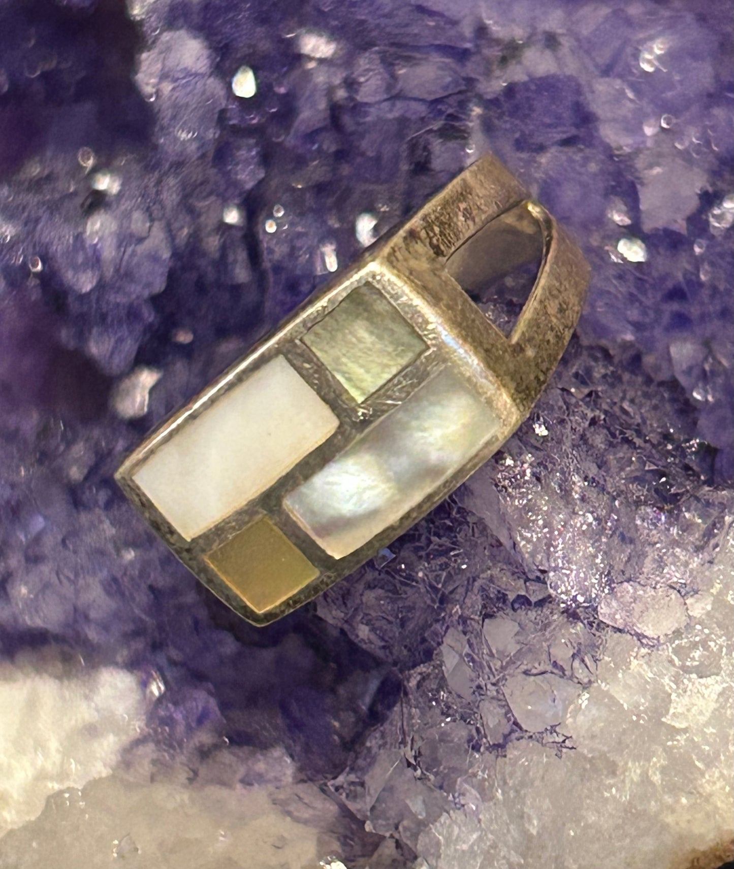 Vintage Sterling Silver Abalone & Mother Of Pearl Inlay Ring Size 8