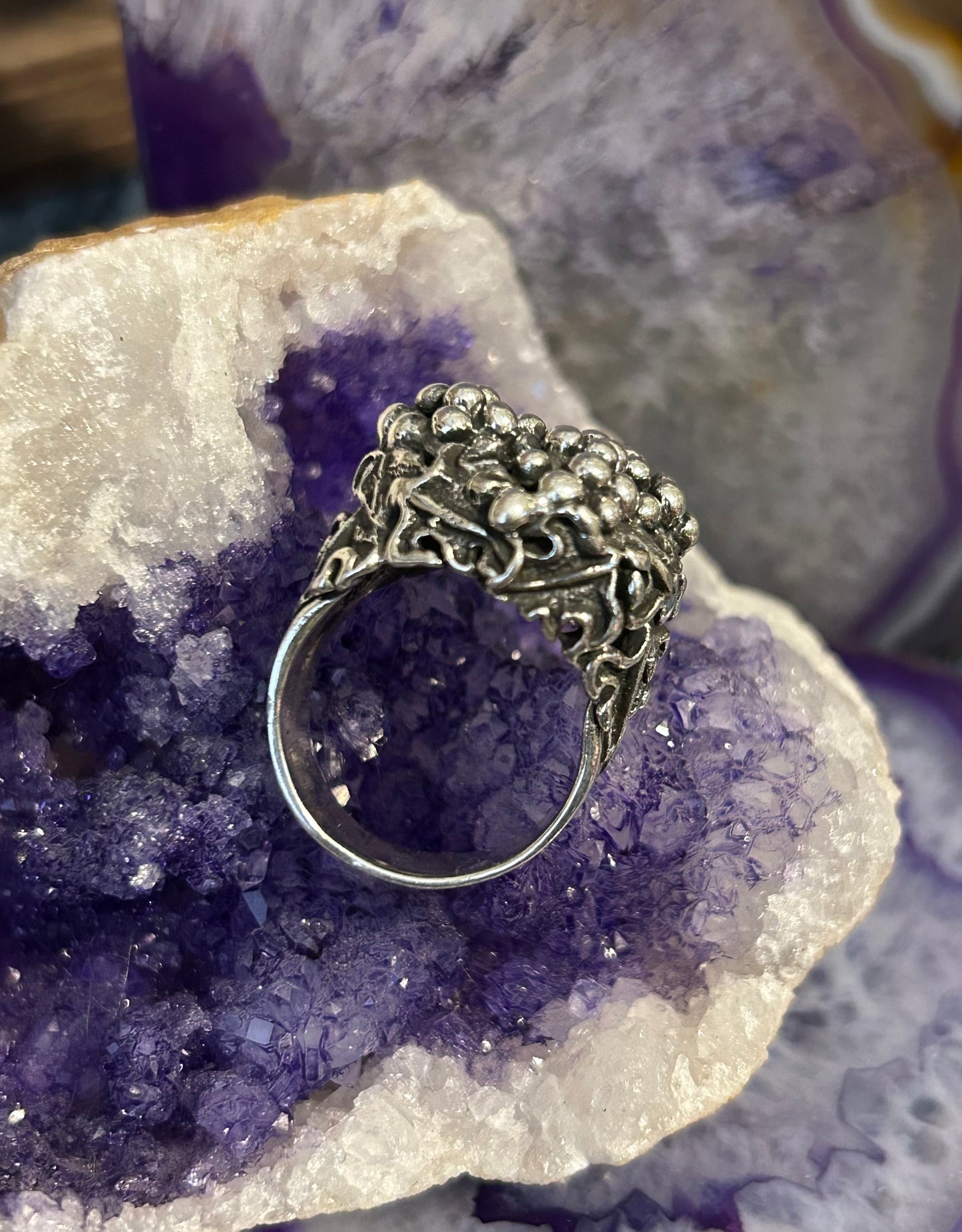 Sterling Silver Modern Taxco Mexico Grapes & Leaf Ring Size 8.25