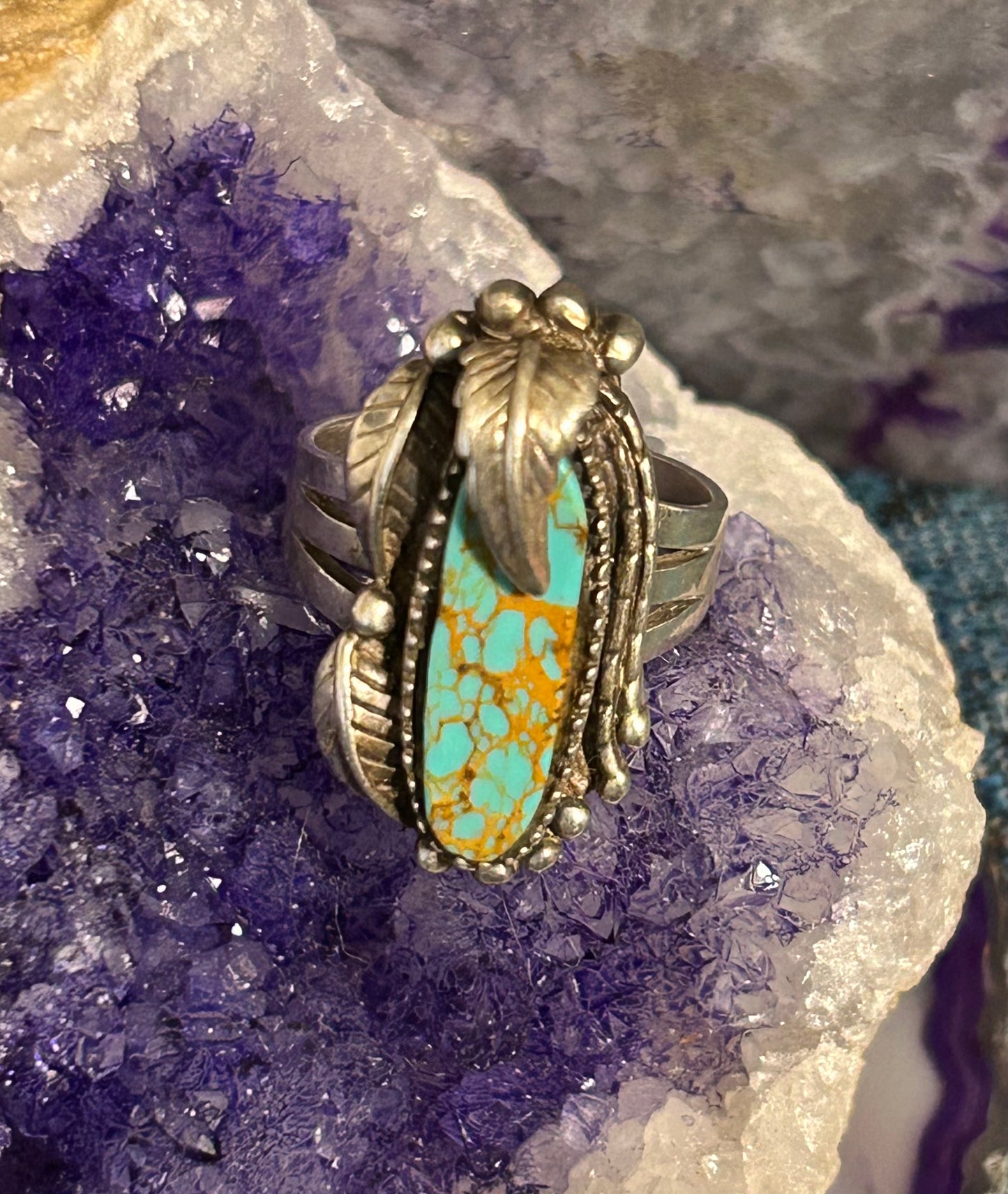 Vintage Sterling Silver 1996 Carol Felley Feather  Leaf Turquoise Ring Size 9