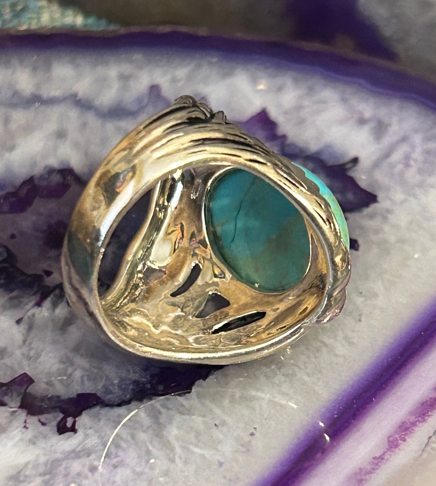 Sterling Silver Mojave Turquoise Wide Band W/ Leaves Ring Size 7