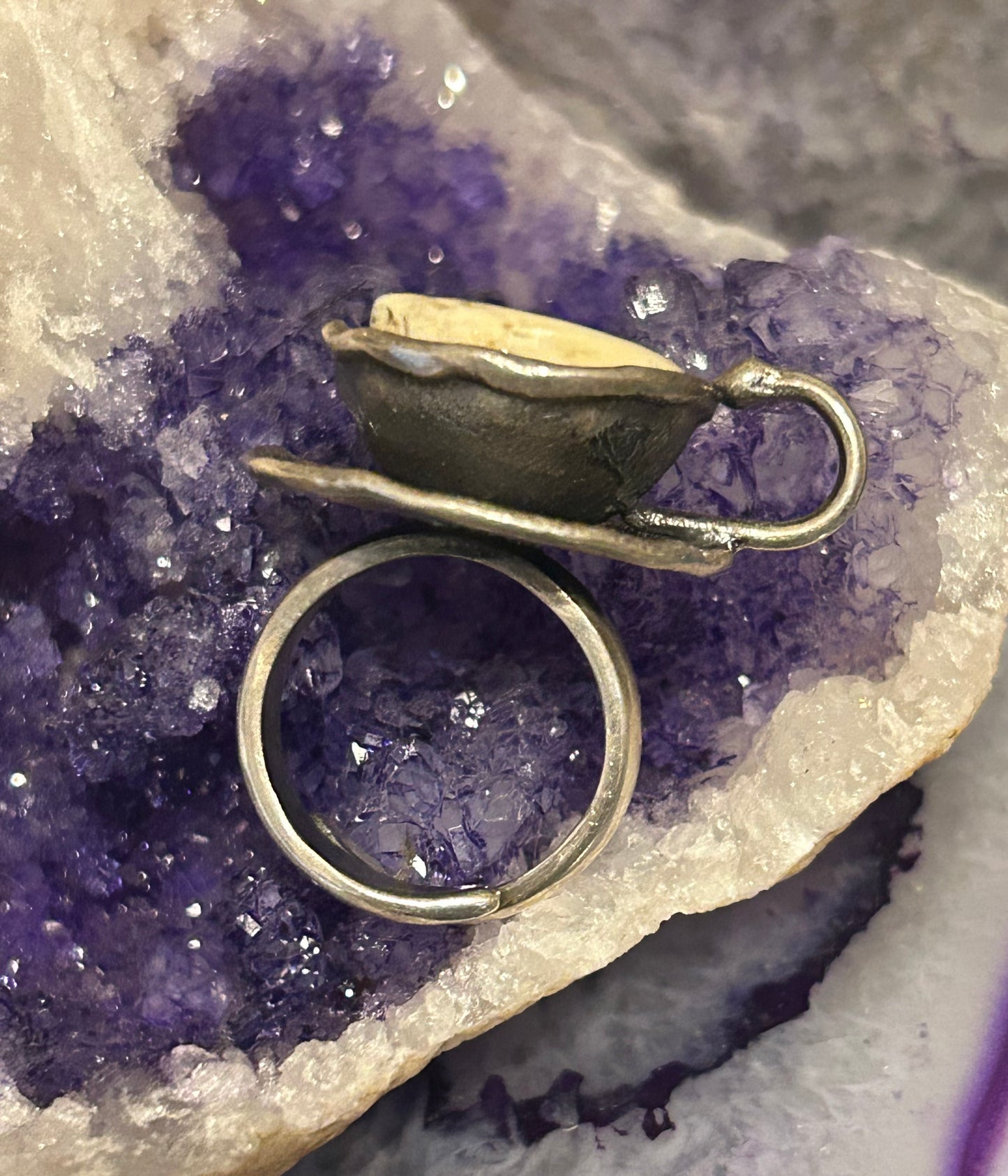 Sterling Silver And Butterscotch Amber Coffee Tea Cup Adjustable Ring