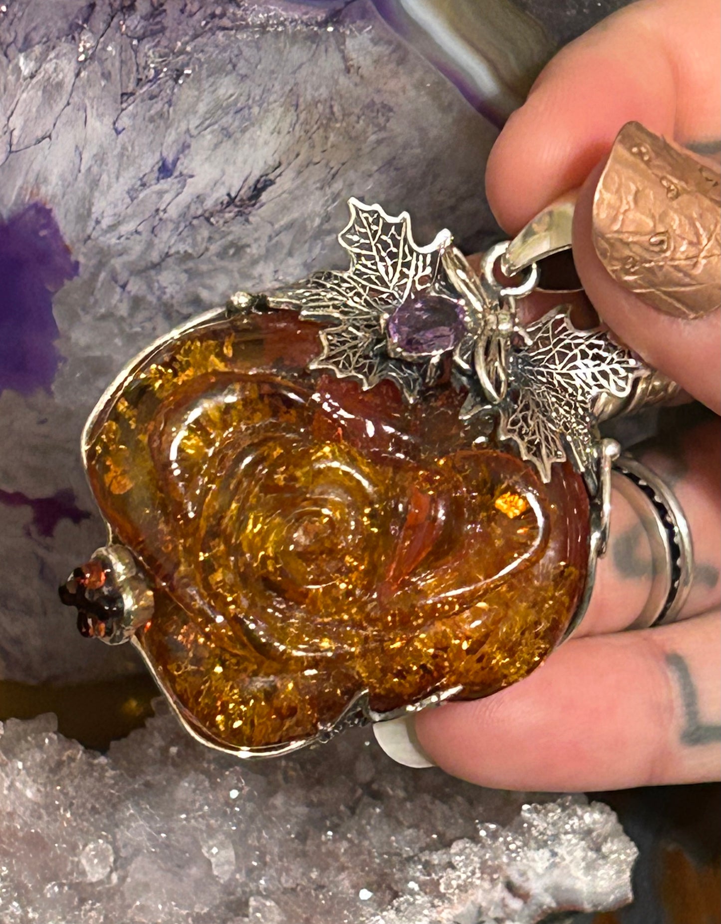 Sterling Silver & Baltic Amber Statement Large Handmade Rose Pendant