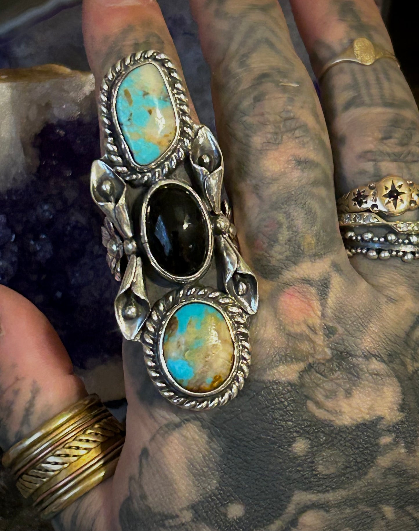 Sterling Silver Taxco Mexico Large Statement Ring w/ Turquoise & Onyx Sz 6.5-8.5