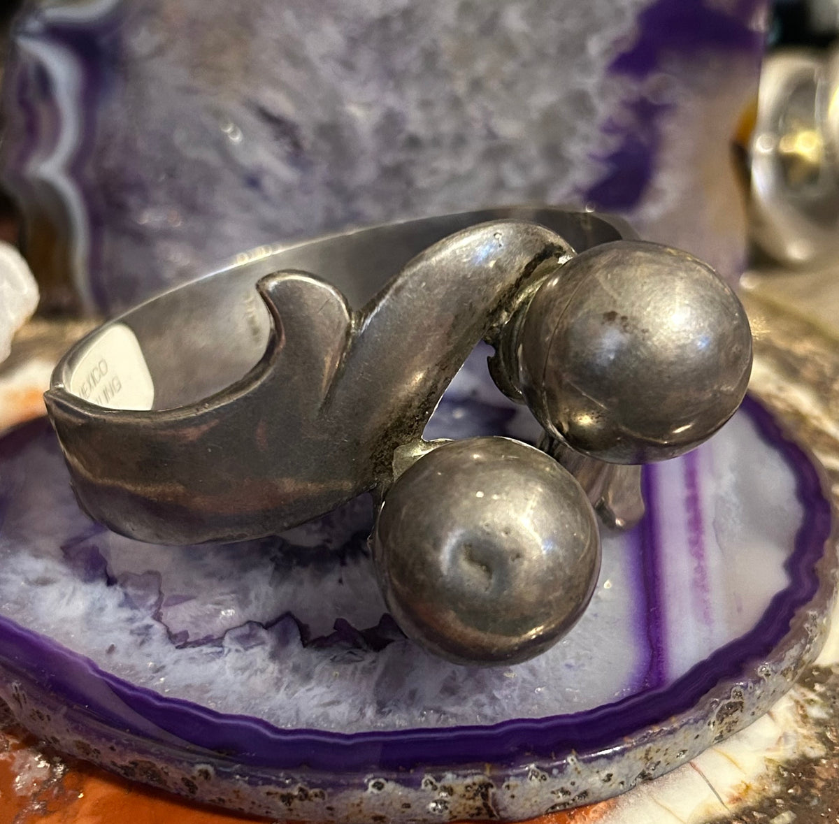 Vintage Mexico Sterling Silver Modernist Chunky Ball Hinge Bangle Bracelet