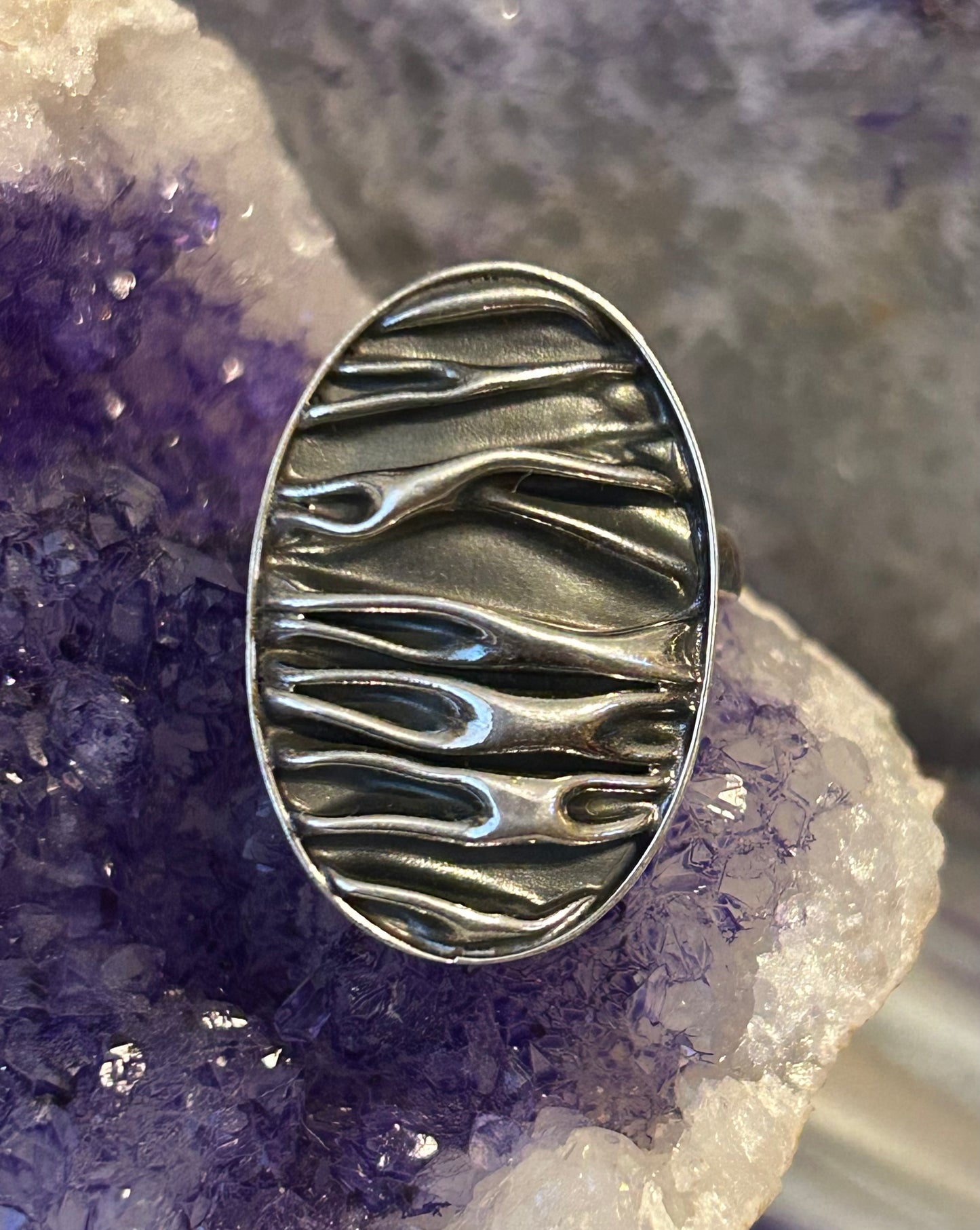 Sterling Silver Taxco Mexico Wavey Oval Adjustable Ring