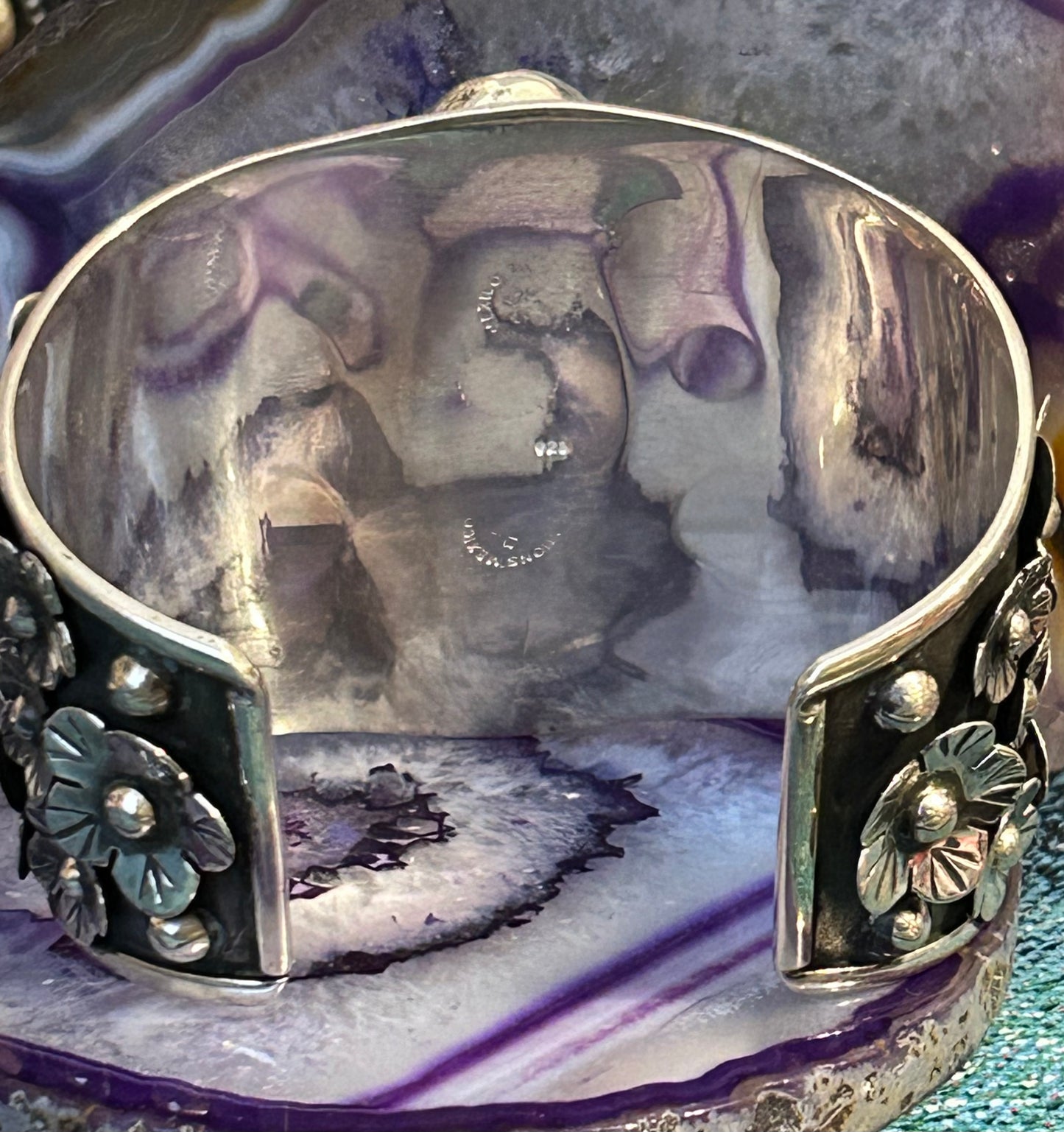 Sterling Silver Modern Taxco Mexico Statement Flowers & Baltic Amber Cuff Bracelet