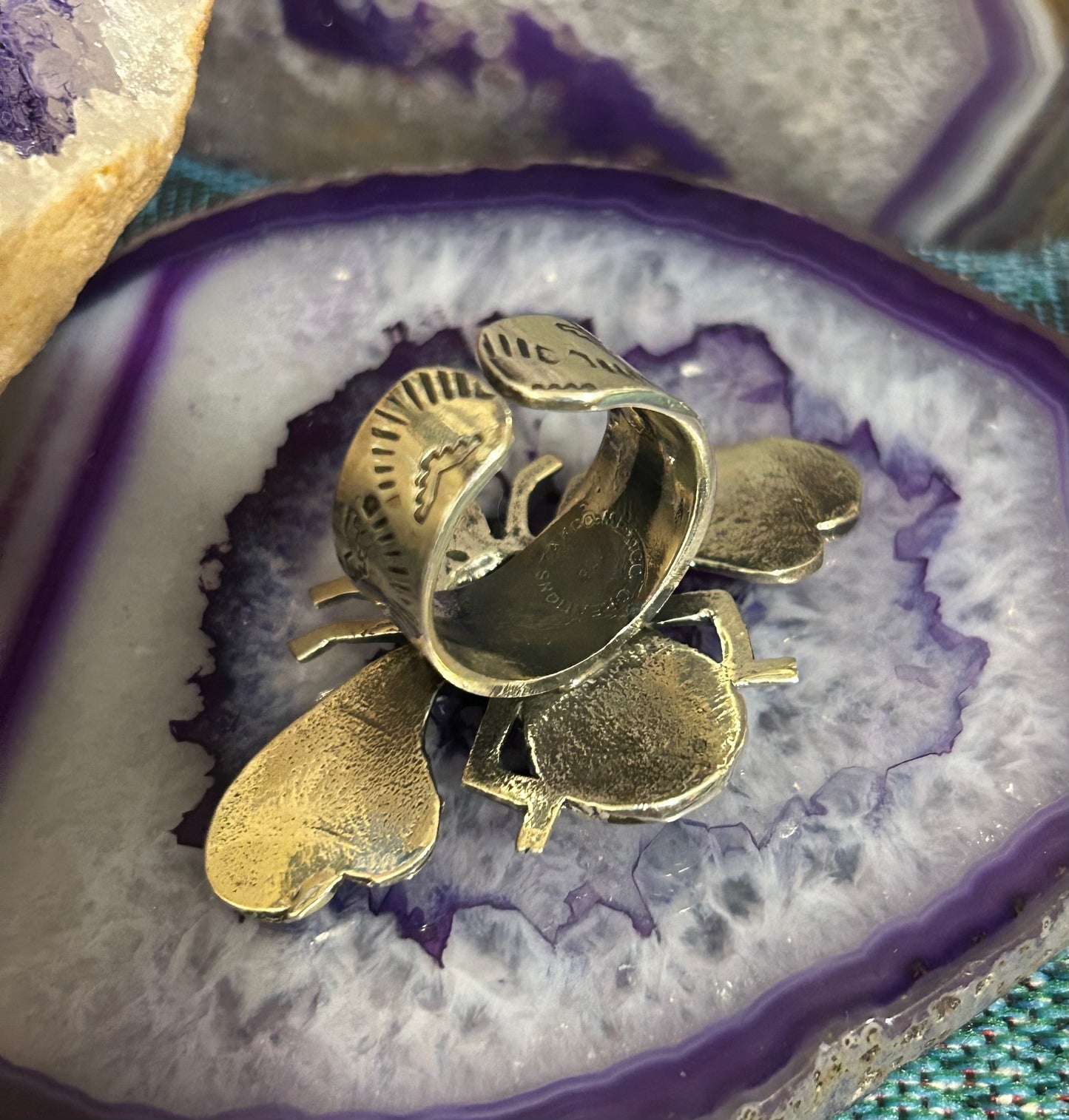 Sterling Silver Taxco Mexico Bee Insect Ring With Turquoise • Adjustable Size 7-9