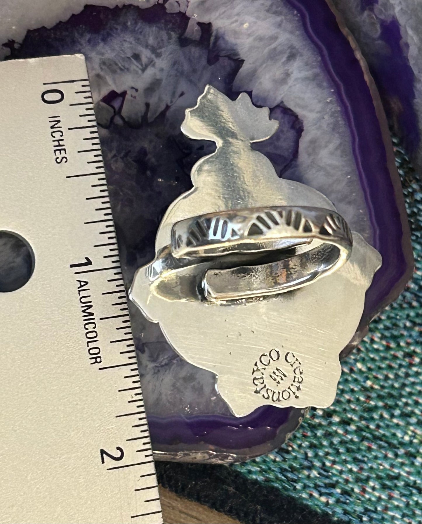 Taxco Mexico 950 Silver Red Zircon Sacred Heart & Flowers Ring Adjustable