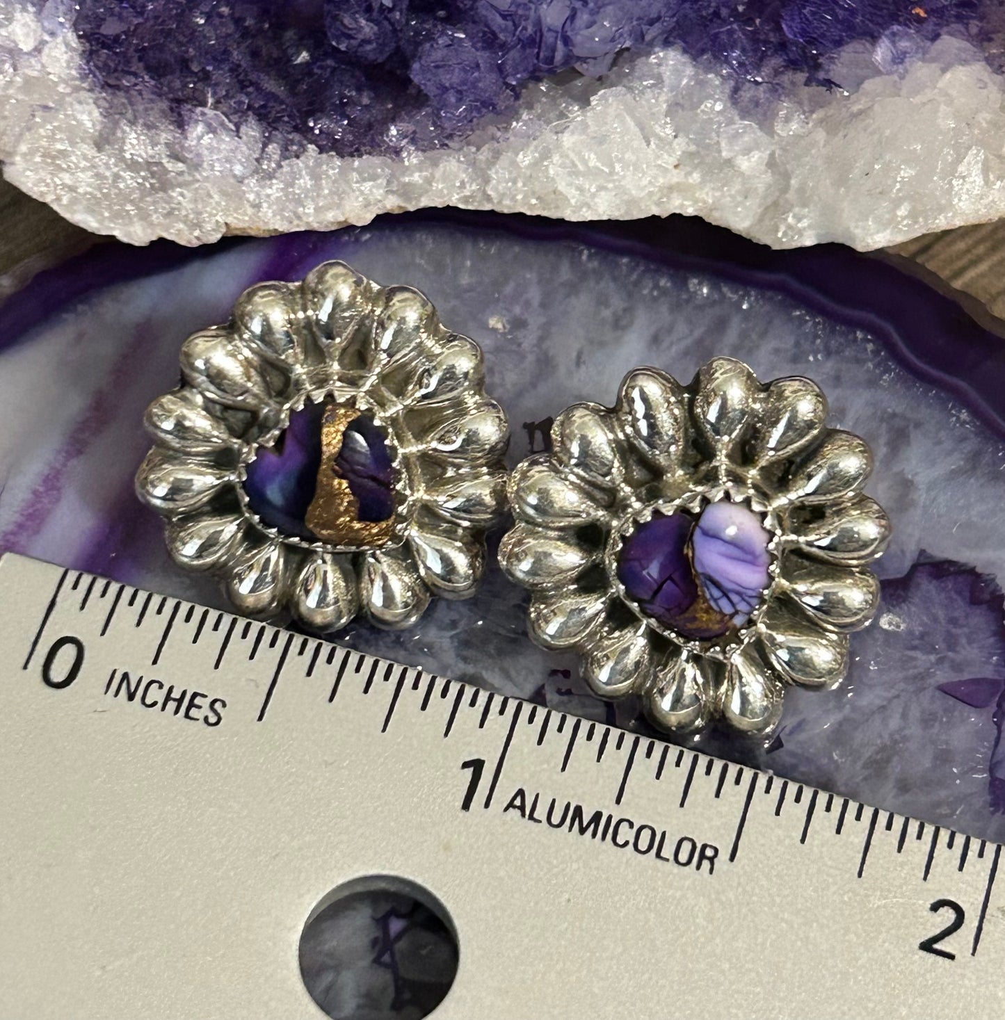 Southwestern Sterling Silver Violet Dahlia Turquoise Heart Earrings