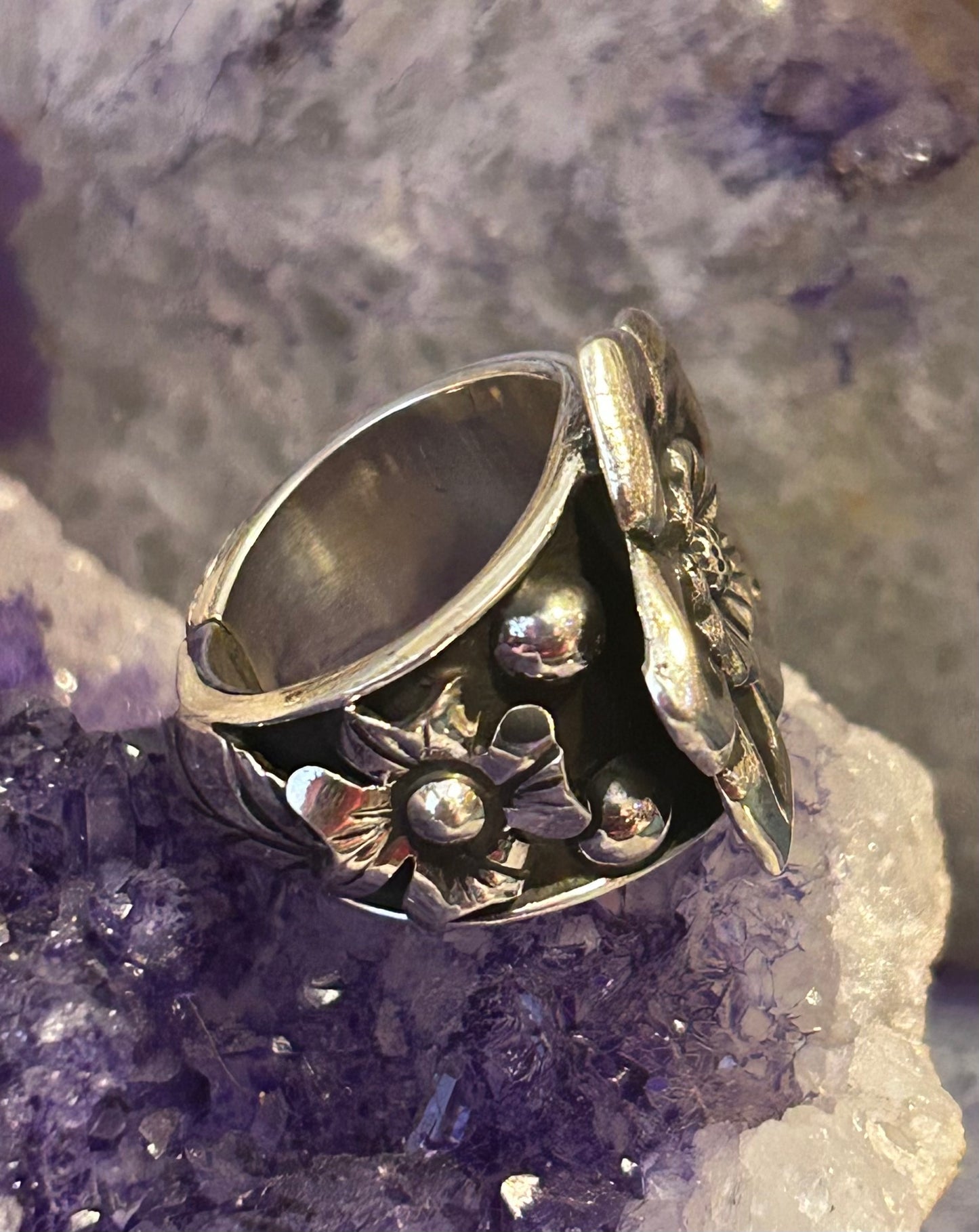 Sterling Silver Taxco Mexico Large Flower And Leaf Ring Size 7.25-9