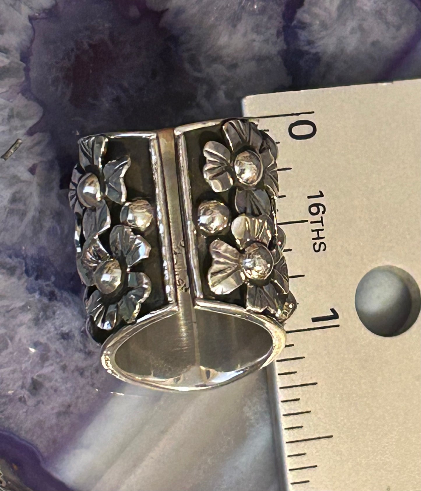 Sterling Silver Taxco Mexico Anatomical Heart & Flowers Statement Ring Size 5-7