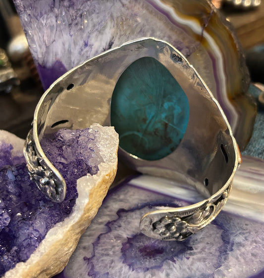 Sterling Silver Southwestern Large Turquoise & Coral Statement Cuff Bracelet