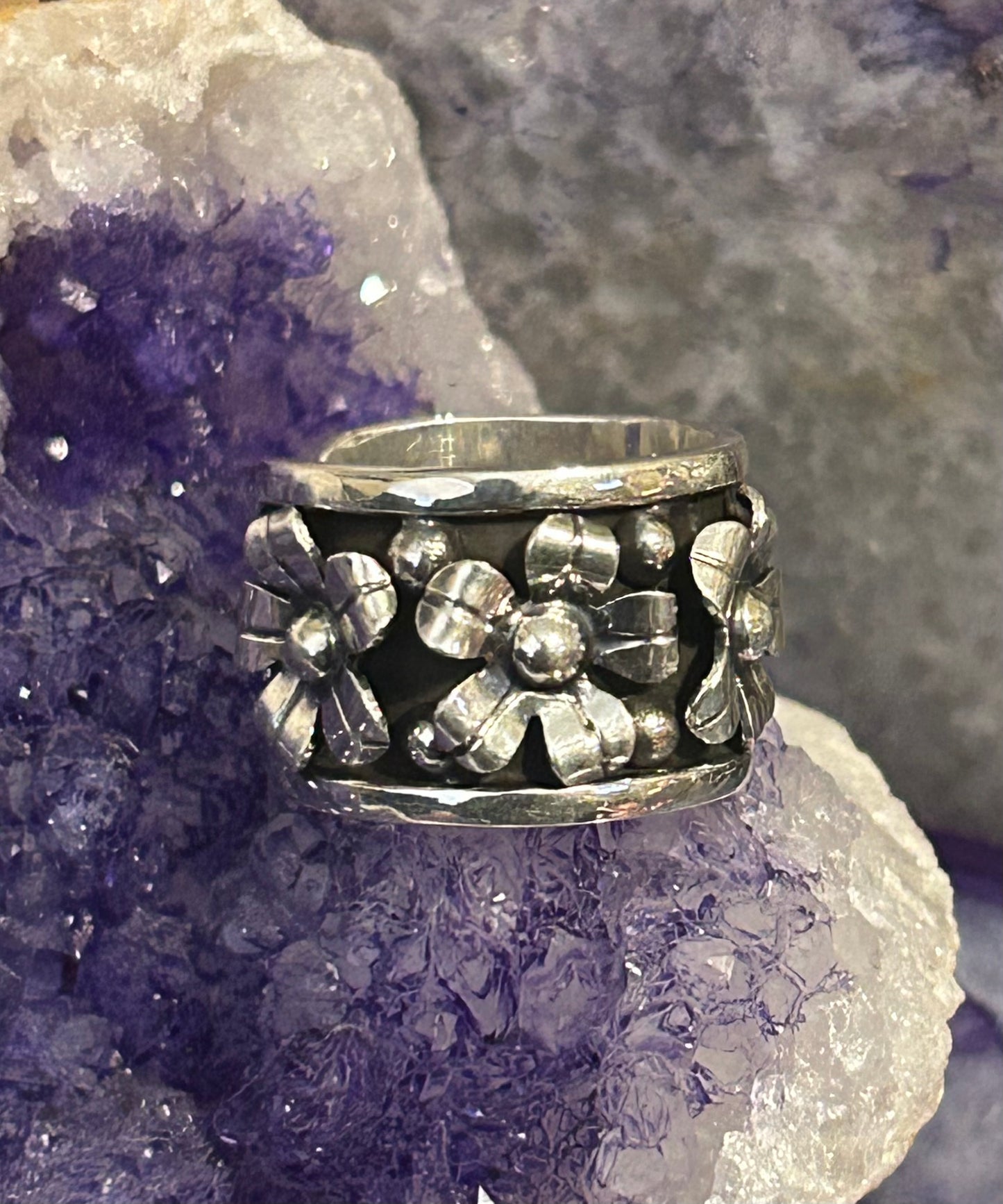 Sterling Silver Modern Taxco Flower Wide Band Ring Size 6-8