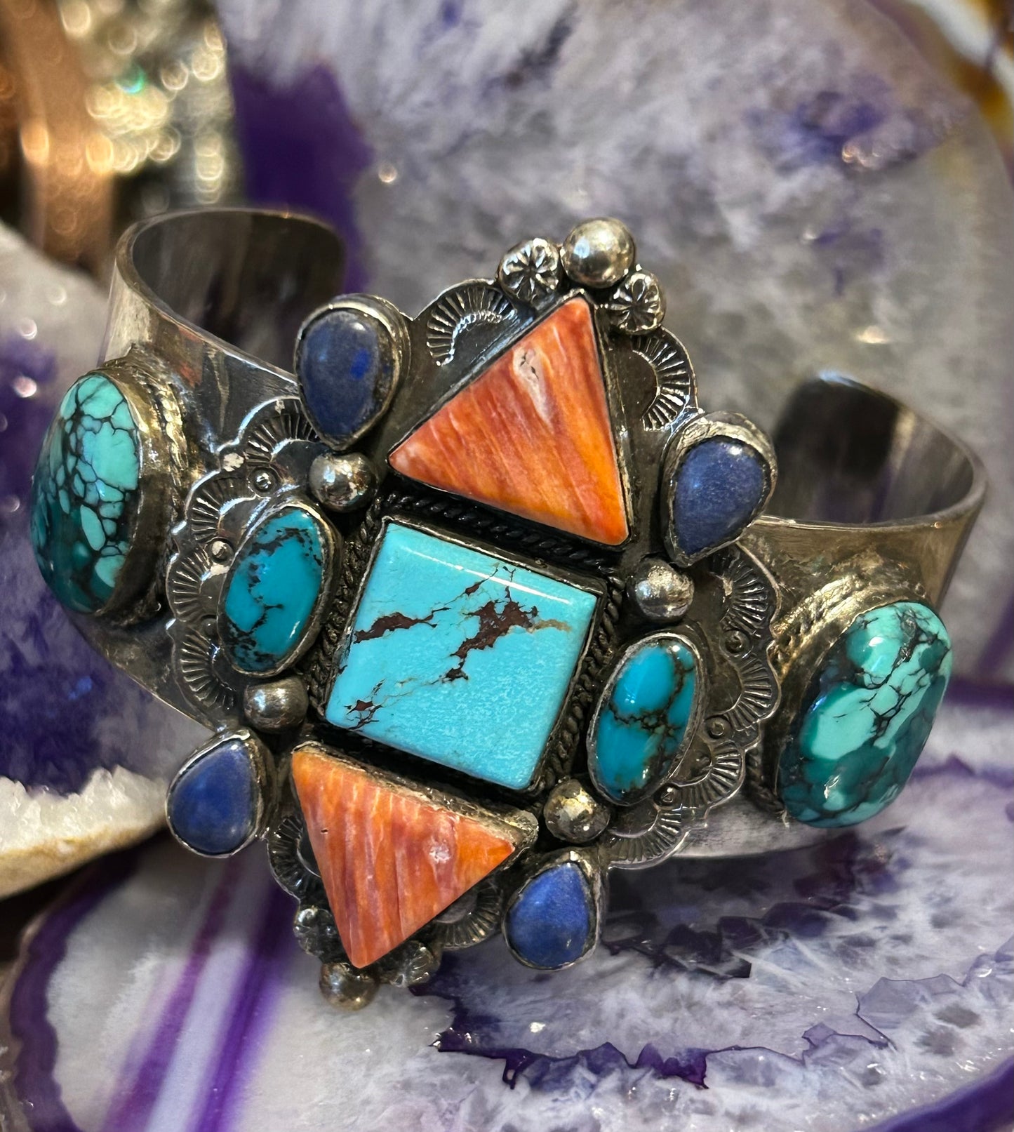 Sterling Silver Handmade Turquoise Spiny Oyster Multi-Stone Large Cuff Bracelet