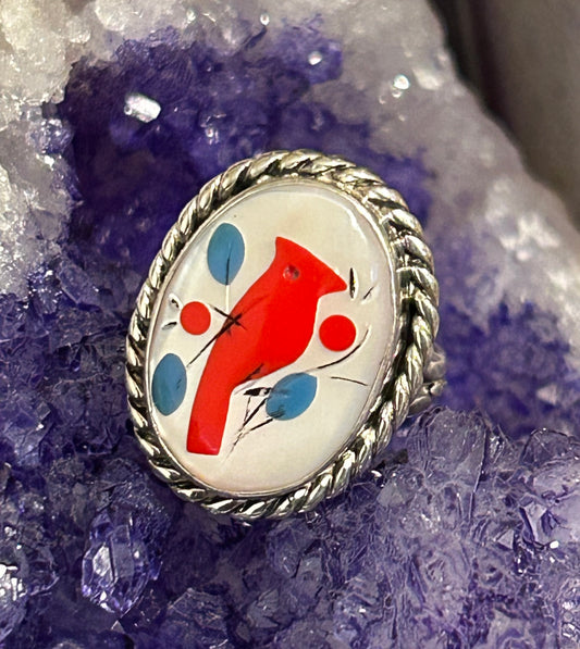 Sterling Silver Zuni Navajo Inlaid Cardinal Bird MOP Gemstone Ring Size 4