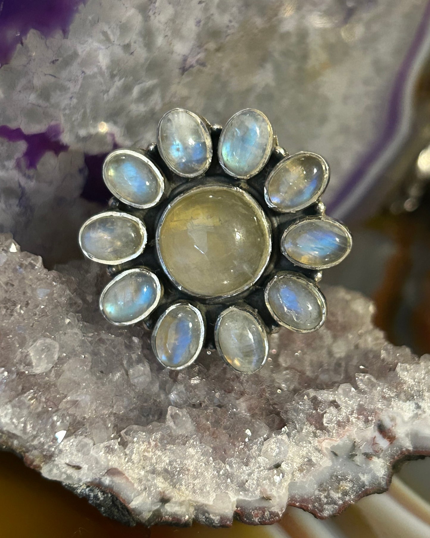 Sterling Silver Yellow Moonstone Round Circle Flower Ring Size 6.5