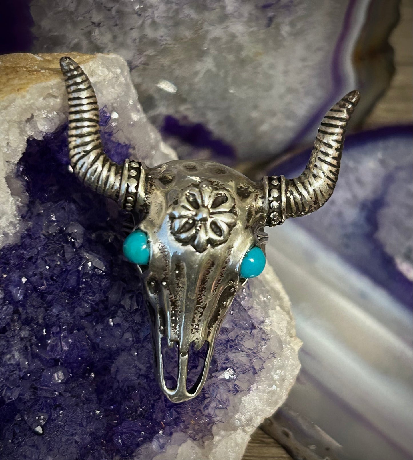 Sterling Silver Taxco Bull Skull Ring With Turquoise Size 9