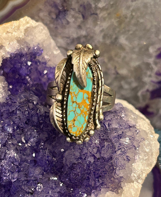 Vintage Sterling Silver 1996 Carol Felley Feather  Leaf Turquoise Ring Size 9