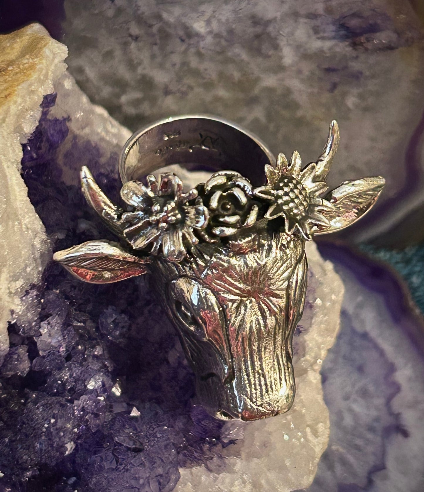 Sterling Silver Taxco Mexico Cow with Flower Crown Adjustable Statement Ring